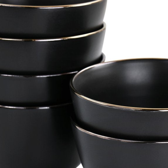 Elama Paul 6 Piece Stoneware Bowl Set in Matt Black with Gold Rim