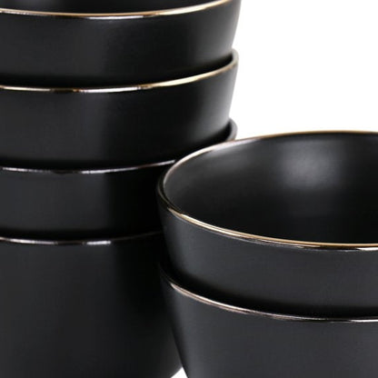 Elama Paul 6 Piece Stoneware Bowl Set in Matt Black with Gold Rim