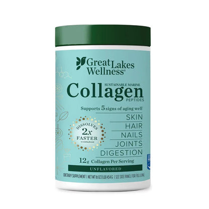 Great Lakes Wellness Sustainable Marine Collagen Peptides Powder for Skin, Hair, Nails, Joints & Digestion - Unflavored - Quick Dissolve Hydrolyzed, Wild Caught, MSC Certified, Non-GMO, Kosher - 16 oz