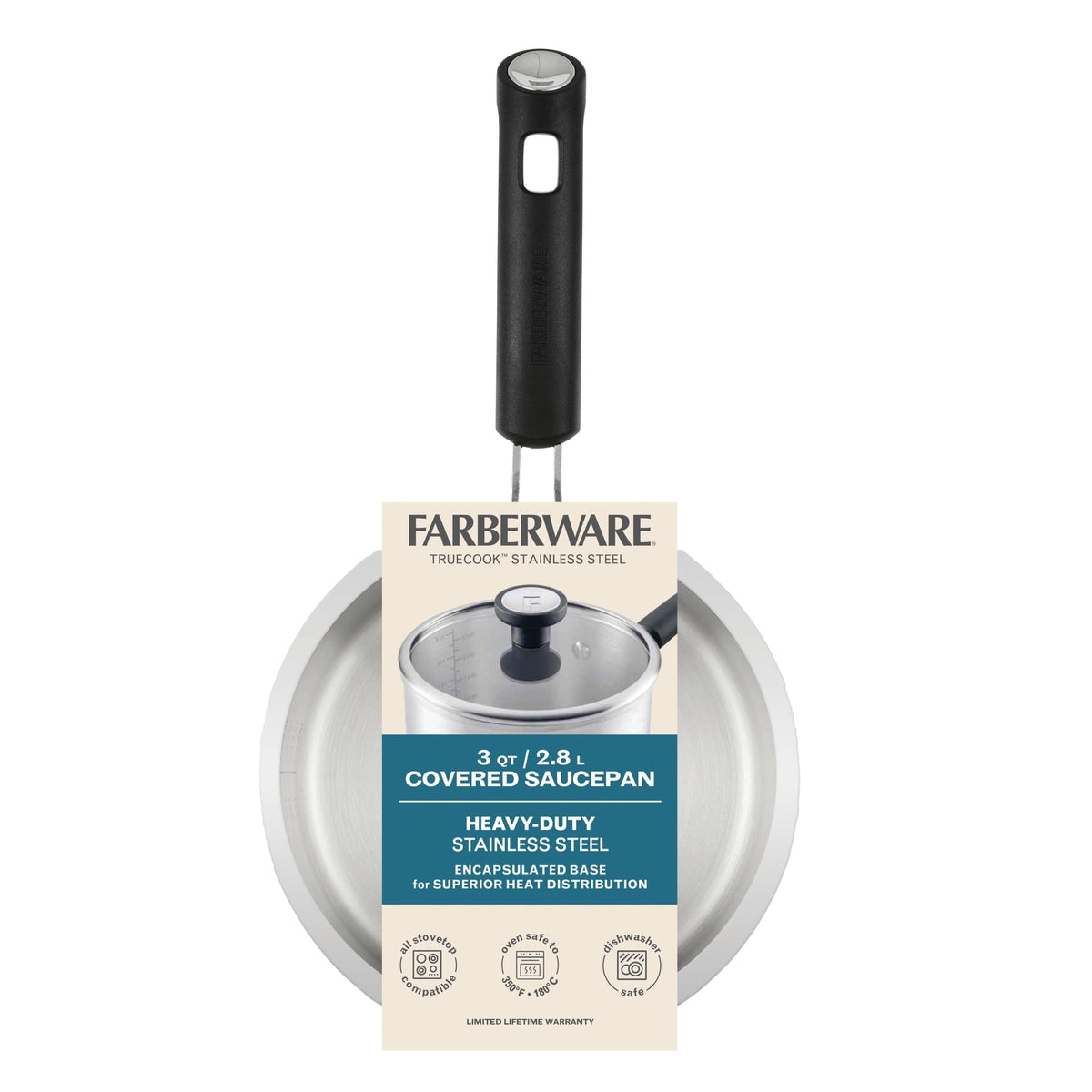Farberware TrueCook Stainless Steel Induction Saucepan with Lid, 3-Quart, Silver