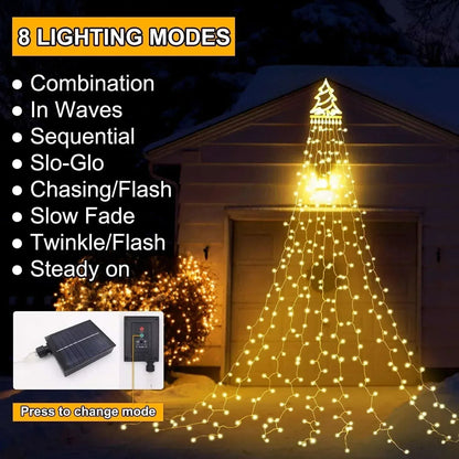 Magotan 12ft 350 LED Waterfall Christmas Lights Outdoor Decoration Twinkle Solar Christmas Tree String Lights with Top Star Xmas Holiday Garden Yard Decoration, Warm White