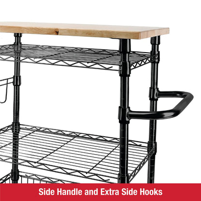 Rubbermaid 3-Tier Heavy Duty Black Rolling Utility Cart with Solid Wood Top, 300lb Capacity