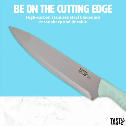 Tasty 15-Piece Stainless Steel Kitchen Knife Set With Block, Soft-Grip Handles Slate Blue