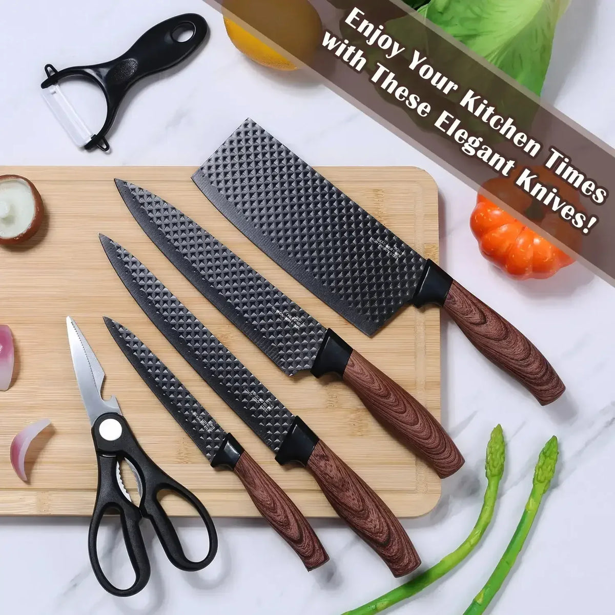 Vesteel Kitchen Knife Set of 7, Professional Stainless Steel Knives Set for Kitchen with Universal Knife Block - Khaki