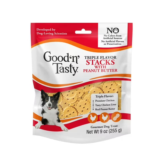 (4 pack) Good ‘n’ Tasty Triple Flavor Stacks, Treats for All Dogs with Chicken and Peanut Butter, 9 oz