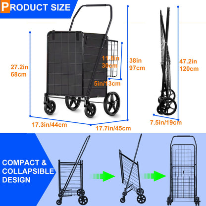 Camkey Folding Shopping Cart, Utility Trolley Grocery Cart with Removable Basket and Swivel Wheel, Black