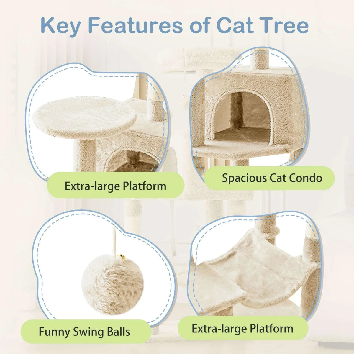 EDX 44" Cat Tree Tower for Indoor Cats, Multi-Level Durable Climbing Tower, Pet House with Natural Sisal Scratching Post, Cozy Condo, Extended Platform, Kitten Toy and Hammock, Beige