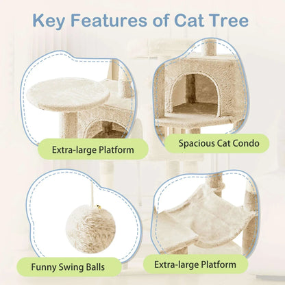 EDX 44" Cat Tree Tower for Indoor Cats, Multi-Level Durable Climbing Tower, Pet House with Natural Sisal Scratching Post, Cozy Condo, Extended Platform, Kitten Toy and Hammock, Beige