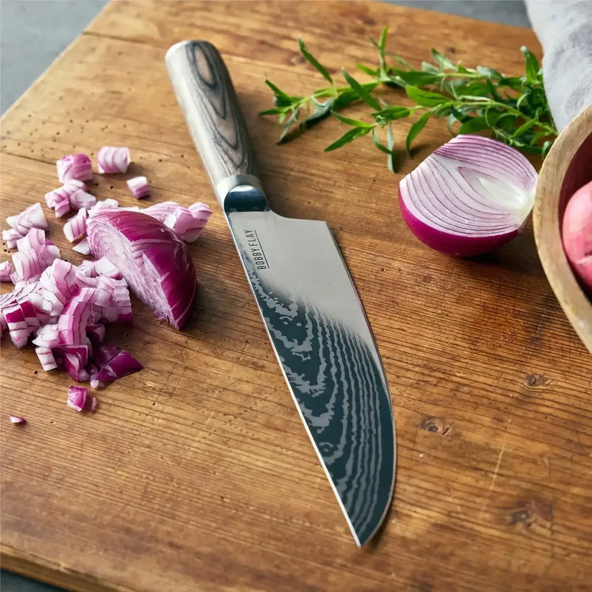 GreenPan x Bobby Flay 8" Chef's Knife with Sheath, Premium Stainless Steel Blade, Precision Cutting Kitchen Tool, Ultra-Versatile Cutlery, Hand Finished Wood Handle, Damascus Steel Design
