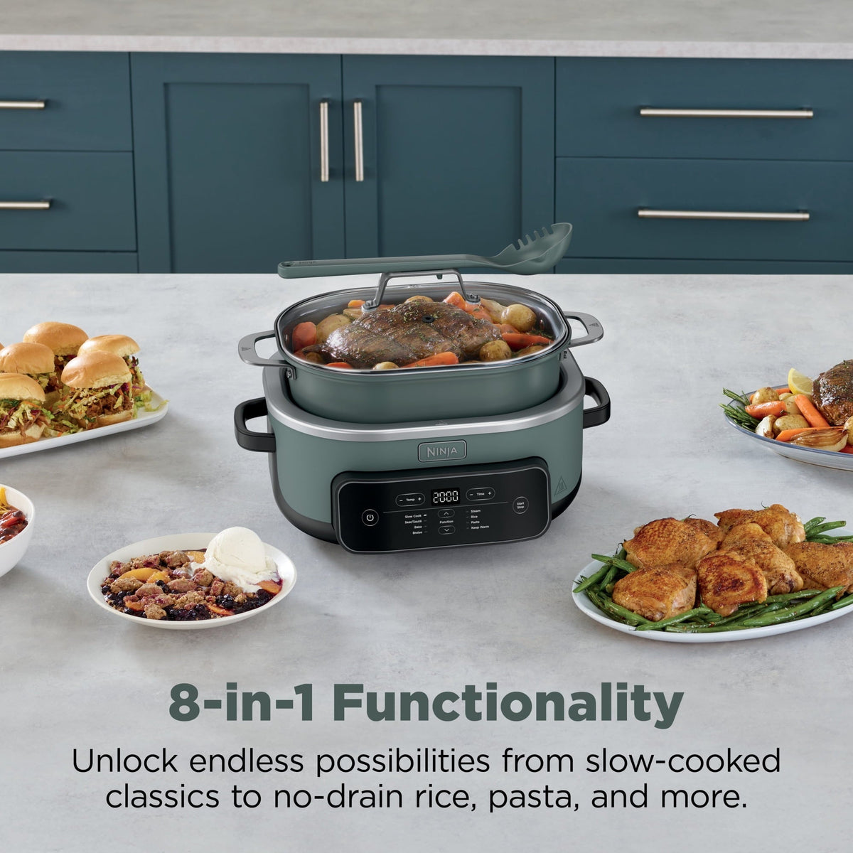 Ninja 8-in-1 PossibleCooker Plus 7.5 Qt Multi-Cooker, Slow Cooker, Steamer, Dutch Oven, MC2000 Sage Green