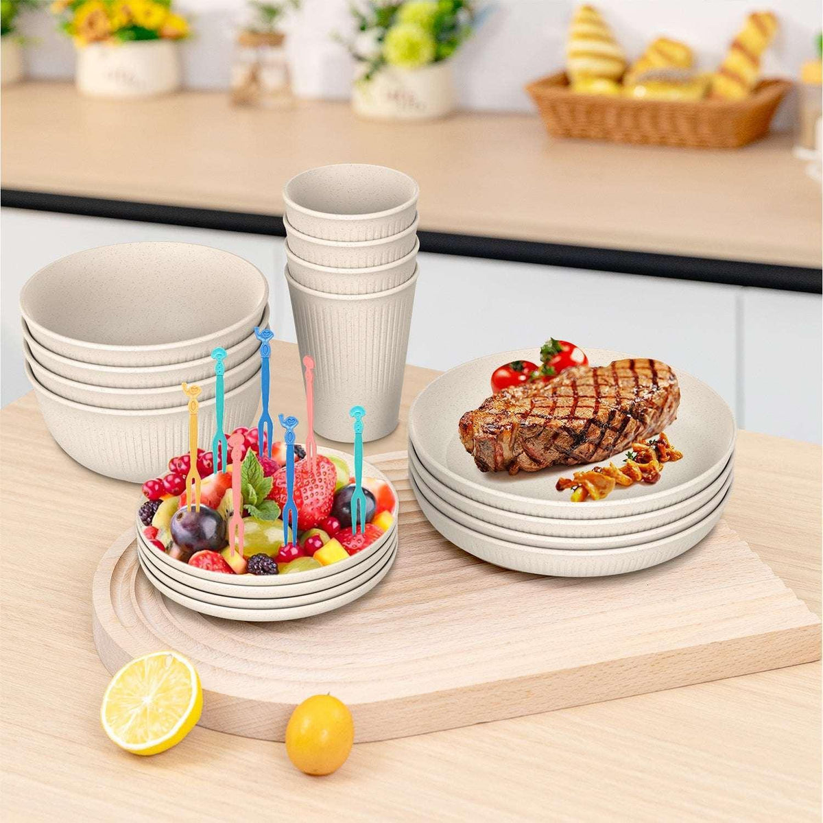 GPED 48 Pcs Wheat Straw Dinnerware Sets For 4, Unbreakable Dinnerware Sets, Reusable Wheat Straw Plates and Bowls Sets, Travel Camping Cutlery Set, Dishwasher Microwave Safe Dinnerware, Beige
