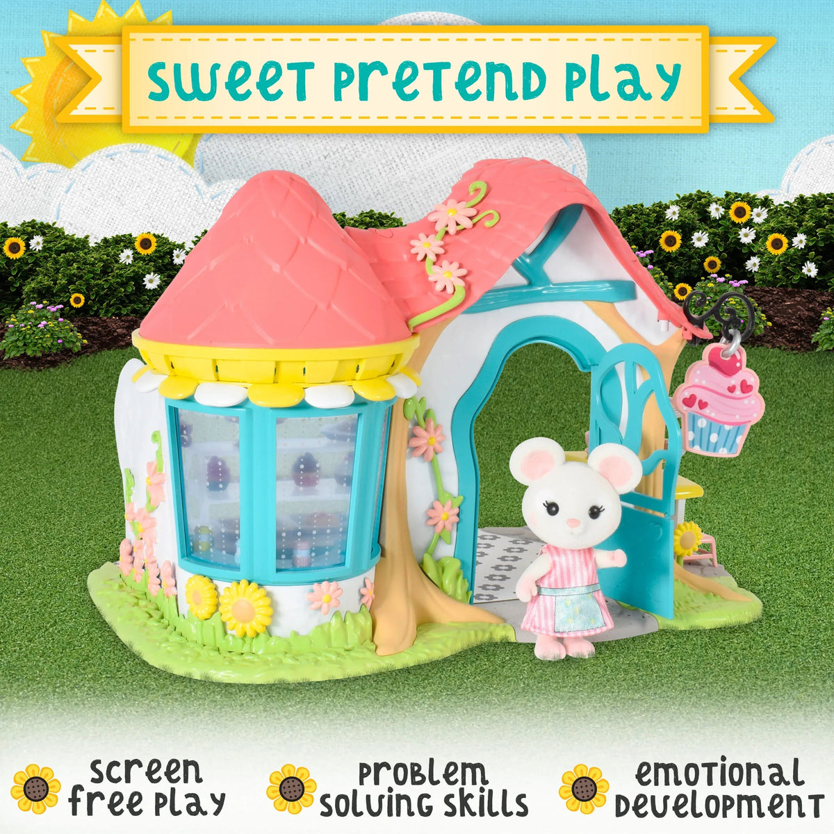Honey Bee Acres Bees Teas Pastry Shop – 35 Piece Miniature Bakery Dollhouse with Cupcakes, Tea Cups & Exclusive Mouse Figure – Kids Ages 3+