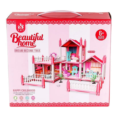 Anpro Pink Dollhouse Pretend Play Set for Kid, Big Villa Princess Castle, 5 Rooms Dollhouse with Doll Toy Figure for Boys and Girls Age 3+ Play House Gift Toys and Christmas
