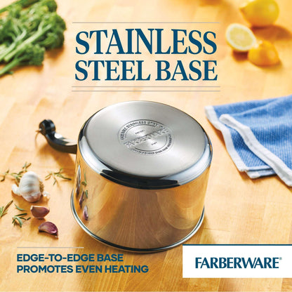 Farberware Classic Series 3 Quart Stainless Steel Sauce Pan with Lid, Induction Compatible, Metal Utensil and Dishwasher Safe, Stainless Steel