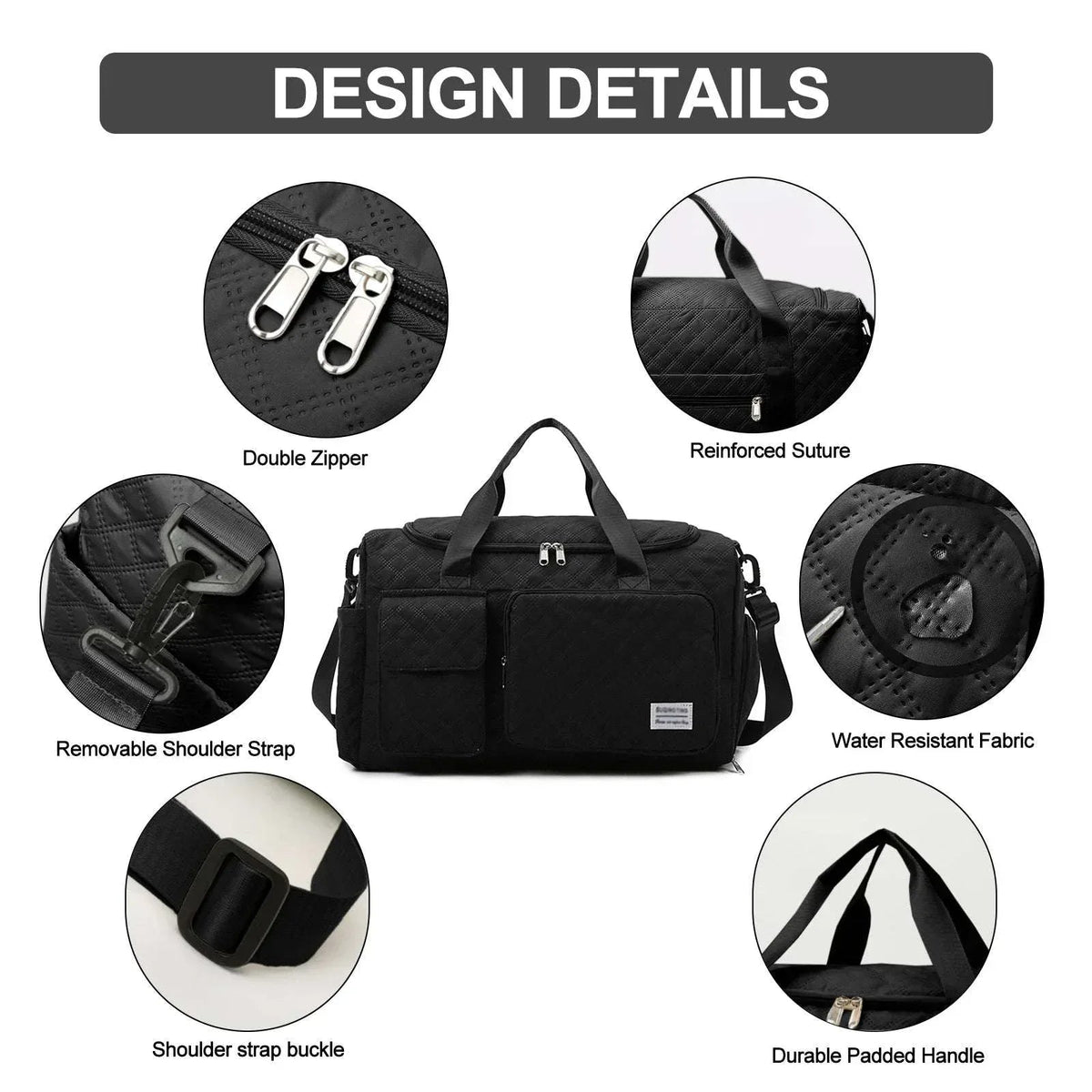 DAKIMOE Travel Duffle Bag for Women Men, Weekender Bags Carry on Gym Bag with Wet Pocket/Adjustable Strap/Shoe Compartment, Foldable Waterproof Overnight Tote Bag for Plane Sports Dance, Black