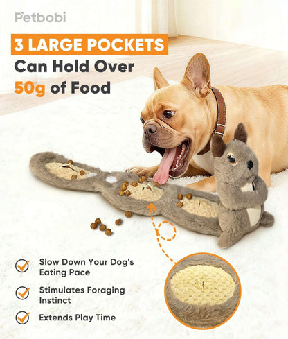 Petbobi Interactive Plush Squirrel Dog Toy with Treat Dispenser, Grey