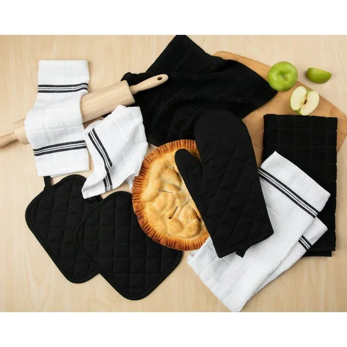 Mainstays 8-Piece Cotton Kitchen Towel, Dishcloth, Oven Mitt, and Pot Holder Set, Black