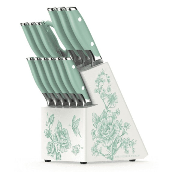 The Pioneer Woman 14 Pieces Knife Set with Decal Block Stainless Steel Knives, Forged, Green Agatha