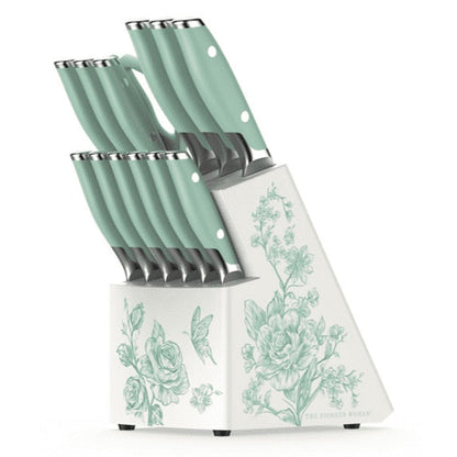 The Pioneer Woman 14 Pieces Knife Set with Decal Block Stainless Steel Knives, Forged, Green Agatha