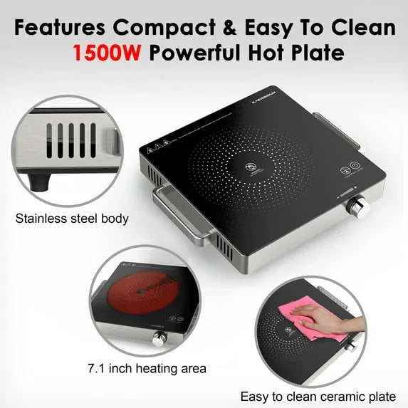 Hot Plate Electric Single Burner 1500W Portable Burner for Cooking with Adjustable Temperature & Stay Cool Handles, Non-Slip Rubber Feet, Stainless Steel Easy to Clean, Compatible for All Cookware