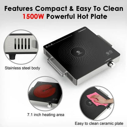 Hot Plate Electric Single Burner 1500W Portable Burner for Cooking with Adjustable Temperature & Stay Cool Handles, Non-Slip Rubber Feet, Stainless Steel Easy to Clean, Compatible for All Cookware