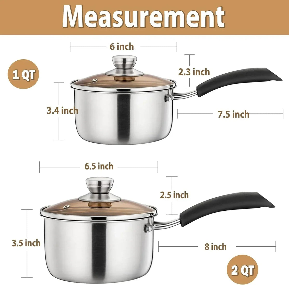 Walchoice 2QT & 1QT Saucepan Set, Stainless Steel Soup Pot with Lid for Home Restaurant, Heat-Proof Handles & Dishwasher Safe