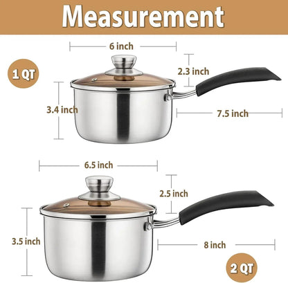 Walchoice 2QT & 1QT Saucepan Set, Stainless Steel Soup Pot with Lid for Home Restaurant, Heat-Proof Handles & Dishwasher Safe