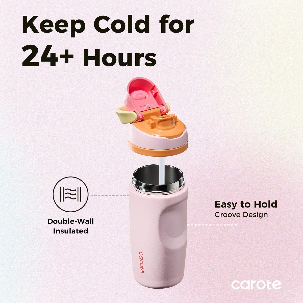 Carote 2-Pack Stainless Steel Water Bottle, Insulated Tumbler with Straw, Vacuum Sealed & Leakproof, 16 fl oz Pink & 26 fl oz Blue