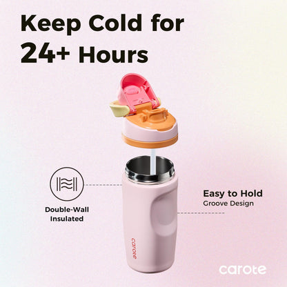 Carote 2-Pack Stainless Steel Water Bottle, Insulated Tumbler with Straw, Vacuum Sealed & Leakproof, 16 fl oz Pink & 26 fl oz Blue