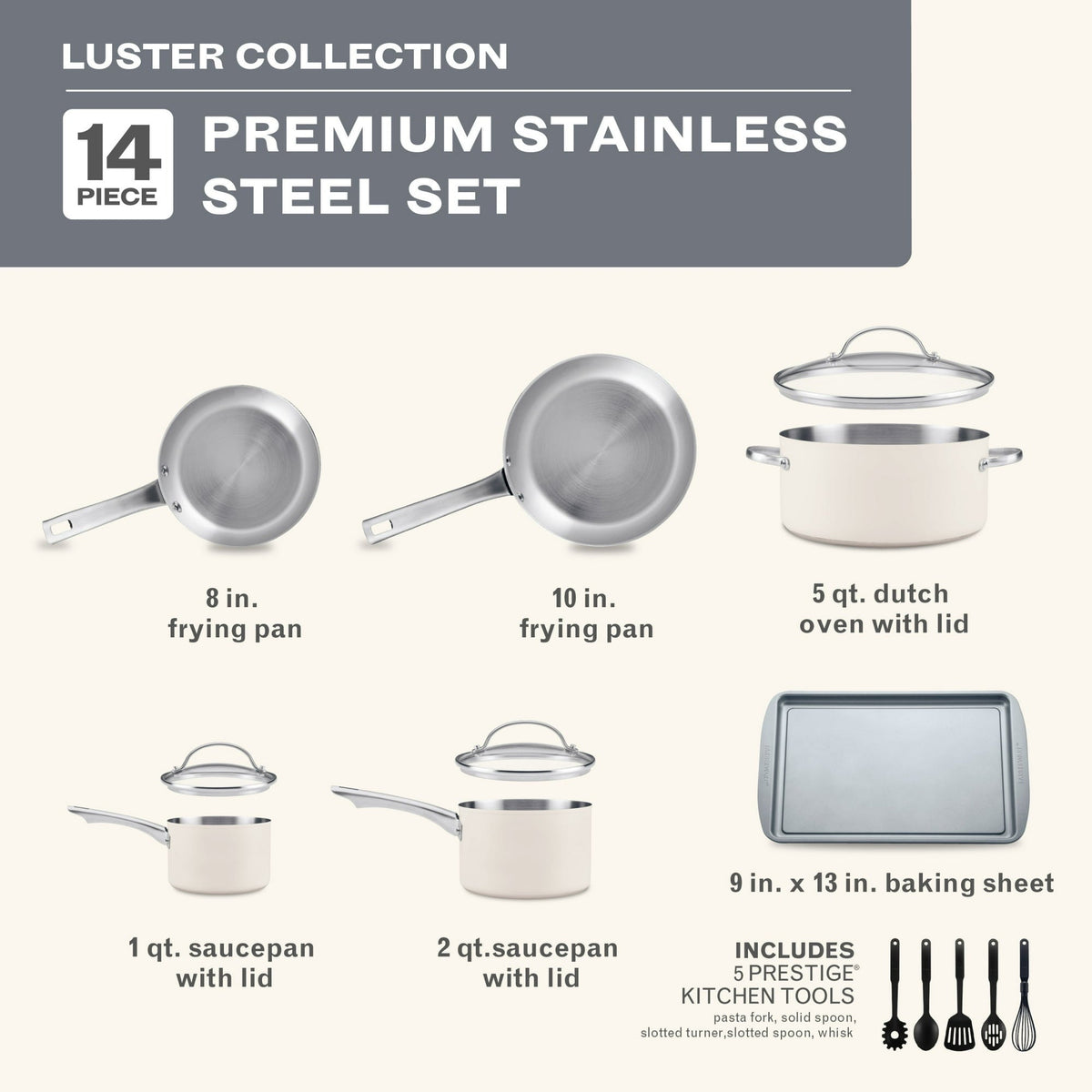 Farberware Luster 14 Pcs Stainless Steel Cookware Set with Cooking Tools, Induction Compatible, Dishwasher Safe, Metal Utensil Safe, Oven-Safe to 500°F, White