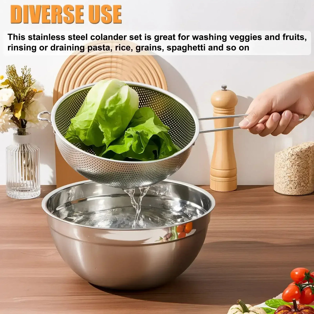 VeSteel Colander Set of 3, Stainless Steel Micro-Perforated Colanders Strainers for Draining Rinsing Washing, Ideal for Pasta Vegetables Fruits, Heavy Duty & Dishwasher Safe