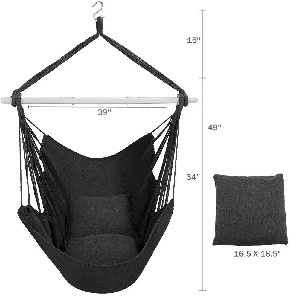 Large Hammock Chair Swing, Relax Hanging Rope Swing Chair with Detachable Metal Support Bar & Two Seat Cushions, Cotton Hammock Chair Swing Seat for Yard Bedroom Patio Porch Indoor Outdoor