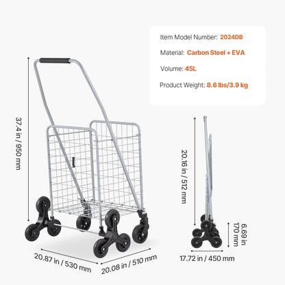 KFFKFF 45L Stair Climbing Grocery Cart with 360° Swivel Wheels, Foldable and Lightweight Utility Cart for Laundry, Travel, and Shopping, Silver