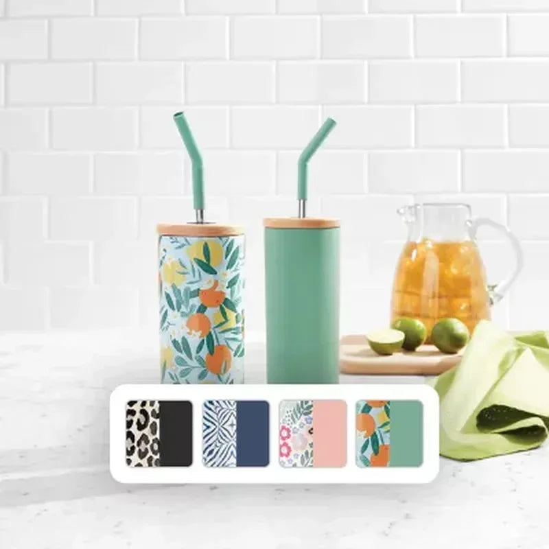 Member'S Mark 24-Oz Stainless Steel Insulated Tumblers with Wood Lids and Stainless Steel Straws, Assorted Colors (2 Pk.)