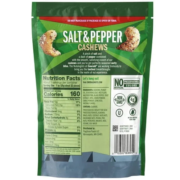 Salt and Pepper Seasoned Cashews | 5 Oz Resealable Bag | Kosher Certified, Non-GMO, Contains No Artificial Preservatives or Synthetic Colors