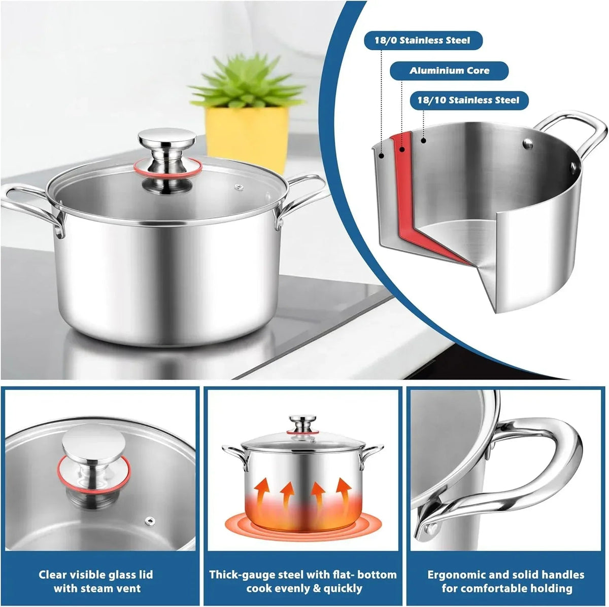 Coliware 6 QT Stainless Steel Stock Pot with Glass Lid , Cooking Soup Pot with 3-Ply Whole Clad for Home and Restaurant, Induction Cookware & Dishwasher Safe