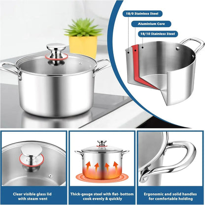 Coliware 6 QT Stainless Steel Stock Pot with Glass Lid , Cooking Soup Pot with 3-Ply Whole Clad for Home and Restaurant, Induction Cookware & Dishwasher Safe