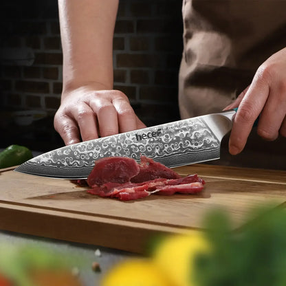 Hecef 8-Inch Chef Knife, Japanese Damascus Steel Blade with Resin Handle