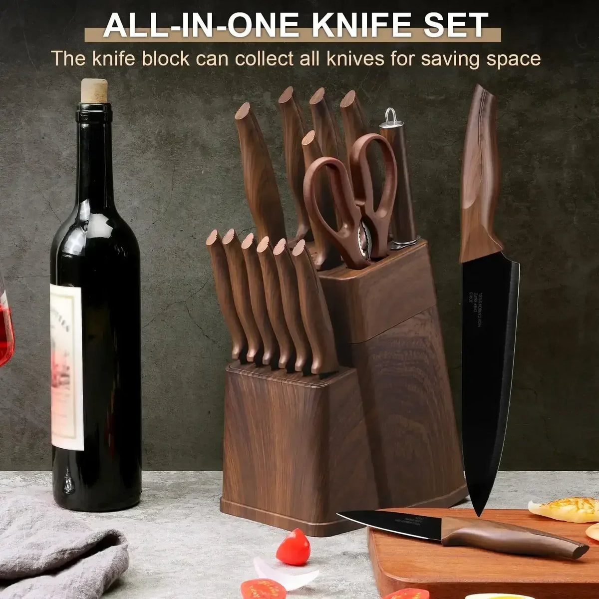 Walchoice 15 Pieces Knife Set with Block, High Carbon Stainless Steel Kitchen Knife Set with Sharpener, Rust Resistant & Dishwasher Safe