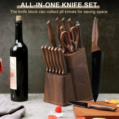 Walchoice 15 Pieces Knife Set with Block, High Carbon Stainless Steel Kitchen Knife Set with Sharpener, Rust Resistant & Dishwasher Safe