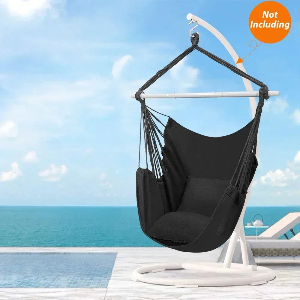 Large Hammock Chair Swing, Relax Hanging Rope Swing Chair with Detachable Metal Support Bar & Two Seat Cushions, Cotton Hammock Chair Swing Seat for Yard Bedroom Patio Porch Indoor Outdoor