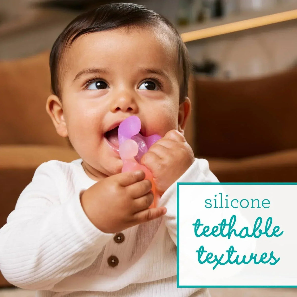 Infantino Teethimal Pop Pals Baby Teether Toy with Textured Surfaces, Pop Feature, and Linkable Loop for Babies 6-12 Months, 2-Pack