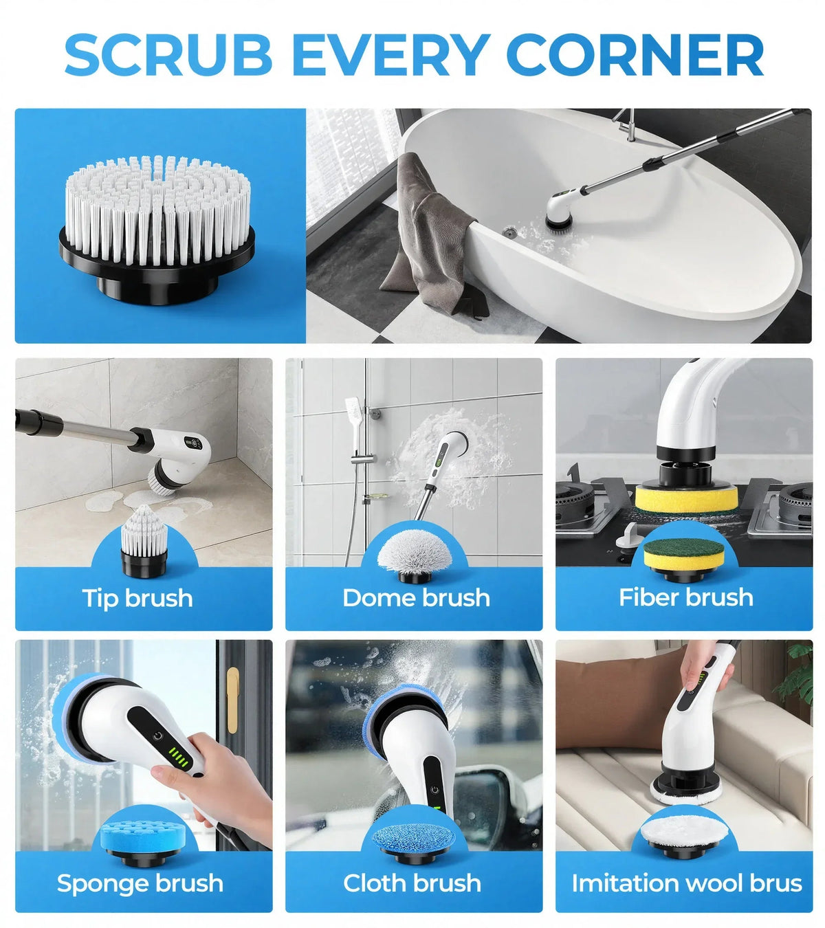 BIMZUC Electric Spin Scrubber, Cordless Cleaning Brush, 7 Replaceable Heads, Extendable Handle, White
