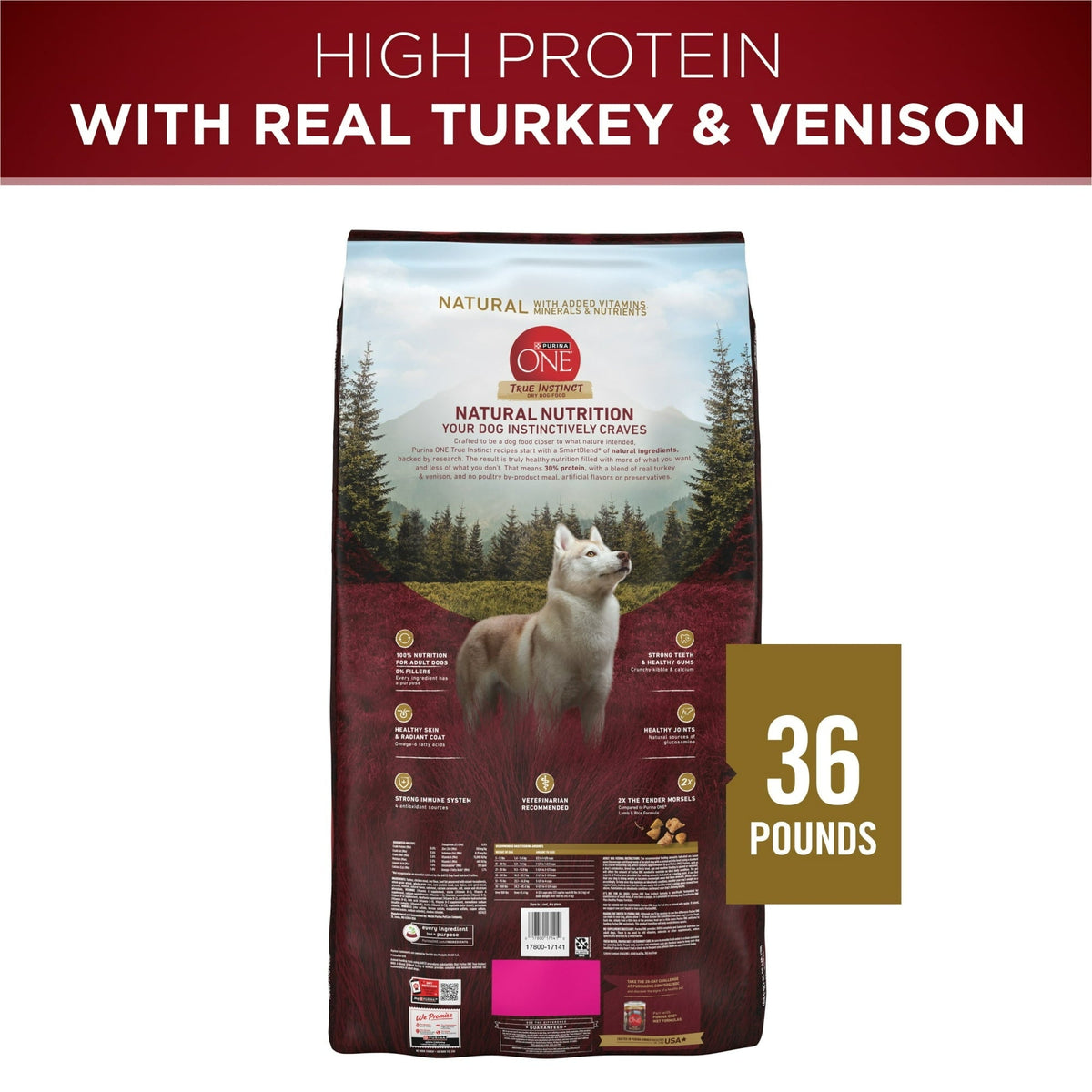 Purina One True Instinct Dry Dog Food for Adult Dogs, High Protein Real Turkey & Venison, 36 lb Bag