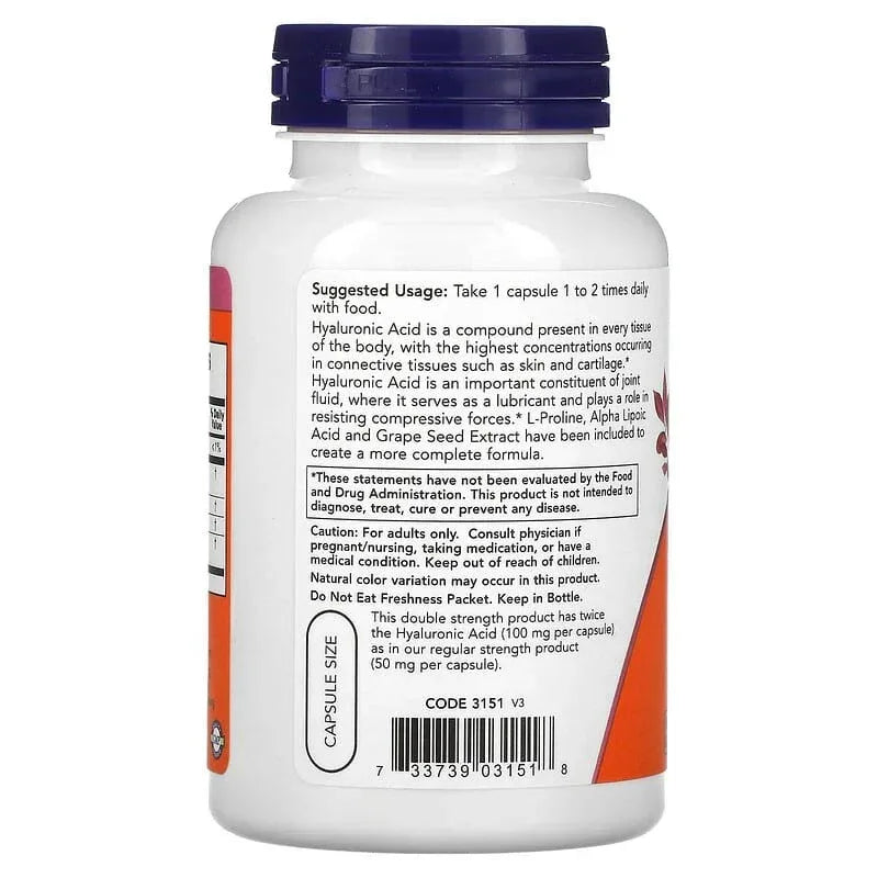 NOW Foods, Hyaluronic Acid With L-Proline, Alpha Lipoic Acid and Grape Seed Extract, 100 mg
