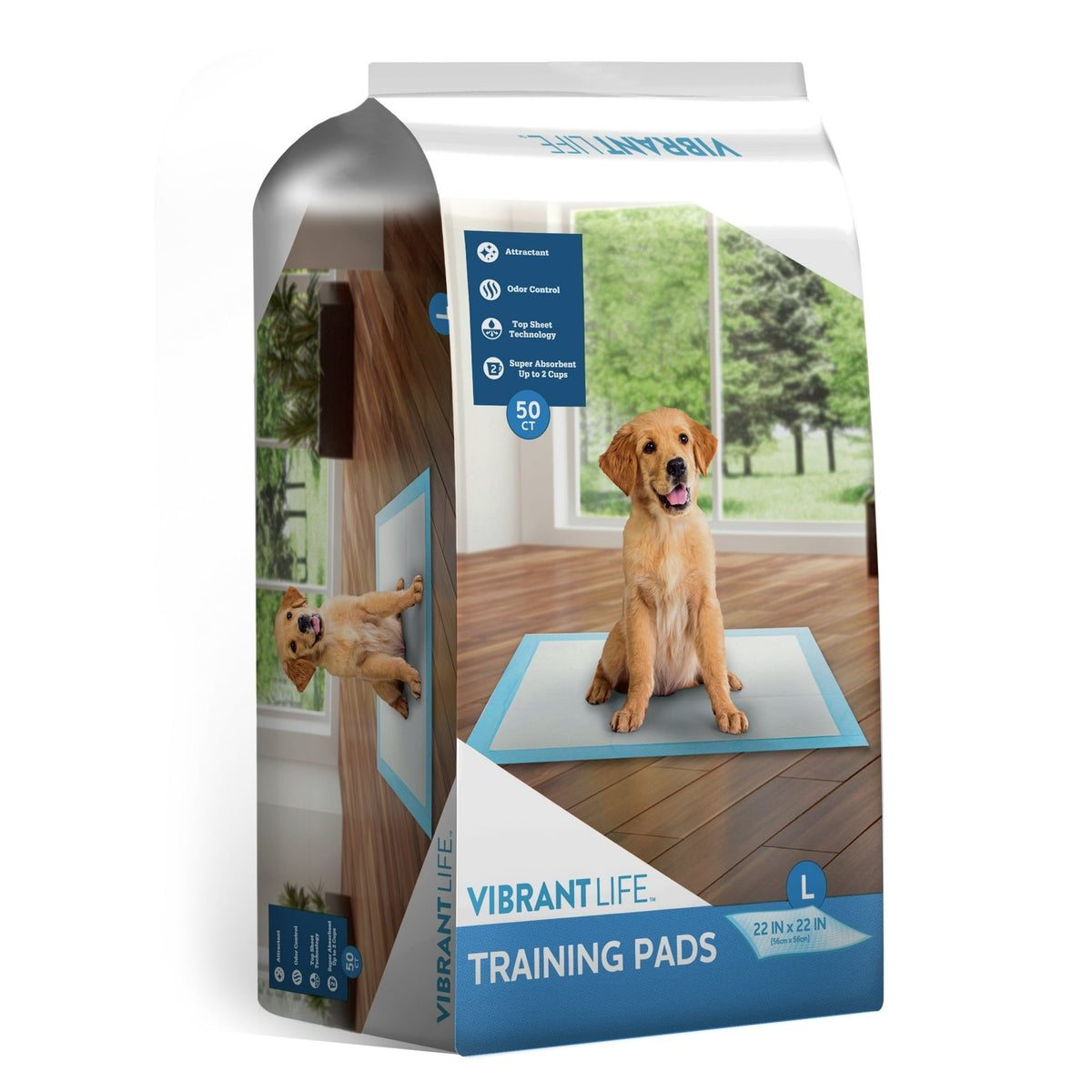Vibrant Life Training Pads – Super Absorbent, Leak Proof, & Fast Dry Dog and Puppy Pee Pads – L 22 in x 22 in, 50 Count