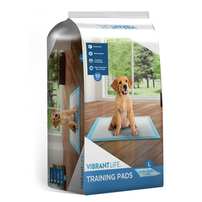 Vibrant Life Training Pads – Super Absorbent, Leak Proof, & Fast Dry Dog and Puppy Pee Pads – L 22 in x 22 in, 50 Count