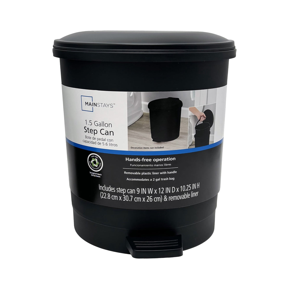Mainstays Black Plastic Bathroom Trash Can