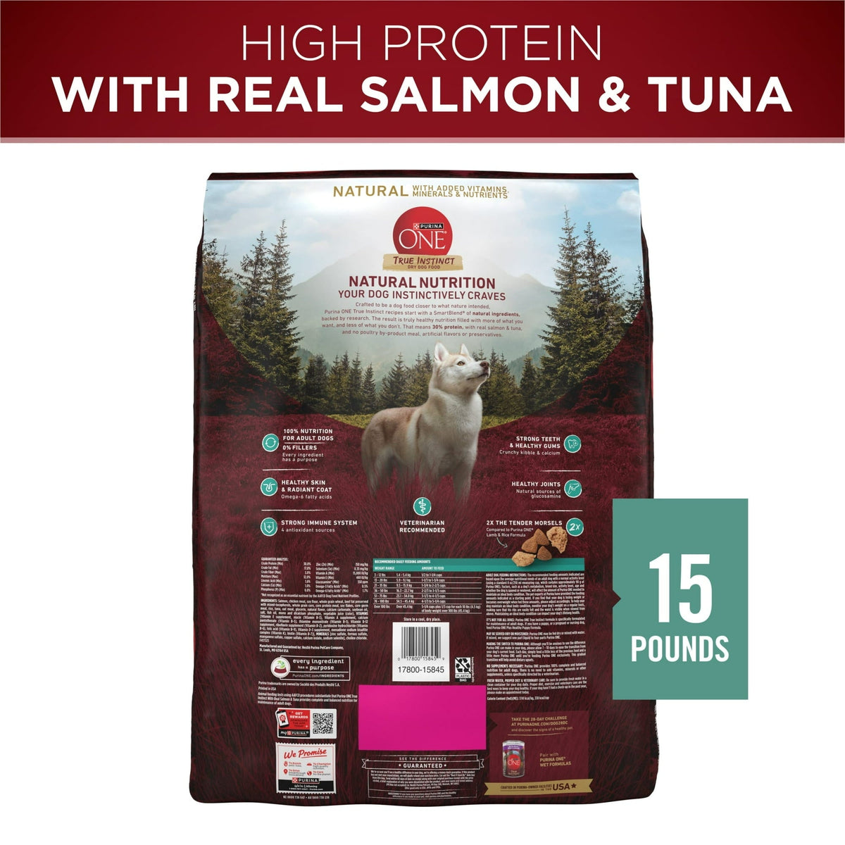 Purina ONE True Instinct High Protein Dry Dog Food for Adult Dogs, Muscle Support, Salmon & Tuna, 15 lb Bag