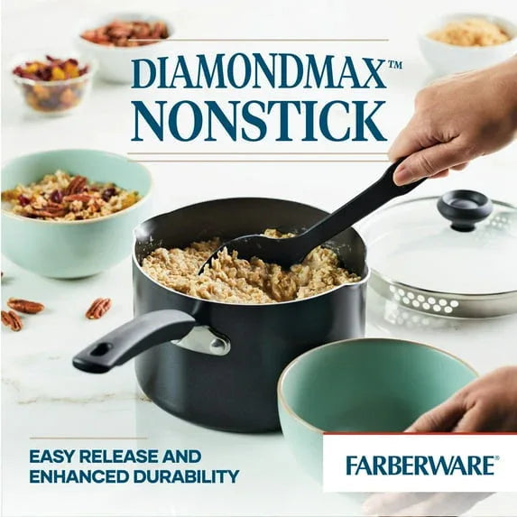 Farberware Easy Clean 3 Quart Nonstick Straining Sauce Pan with Pouring Spout and Lid, Dishwasher Safe, Black